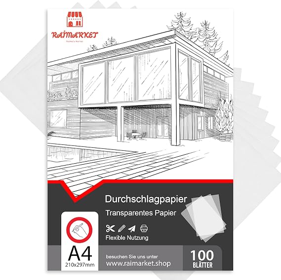 Raimarket Tracing Paper A4 (8 x 11 Inches) 100 Sheets Premium Tracing Paper & Parchment Paper - Ideal for Architectural Sketches, Fashion Designs, Filigree Artwork, and Printing (60 g/m²)
