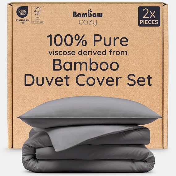 Bambaw ツインXL/ツイン掛け布団カバーセット – 2ピース 竹由来のビスコース100%ビスコース布団カバーセット 標準枕カバー1枚付き 冷却&ホットスリーパーに最適 インサートなしダークグレー