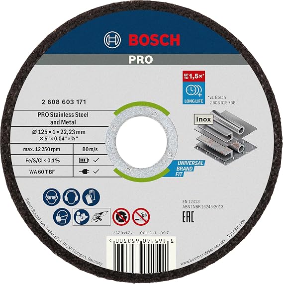 Bosch 2 608 603 255 – Straight Cutting Disc Standard for Inox – Rapido – WA 60 T BF, 125 mm, 22.2 mm, 0.1 mm (Pack of 10)