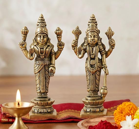 ESPLANADE Brass Lakshmi Narayan - Lord Vishnu Laxmi in Ksheer Sagar - Murti Idol Statue Sculpture - 3.1" Inches (Antique)