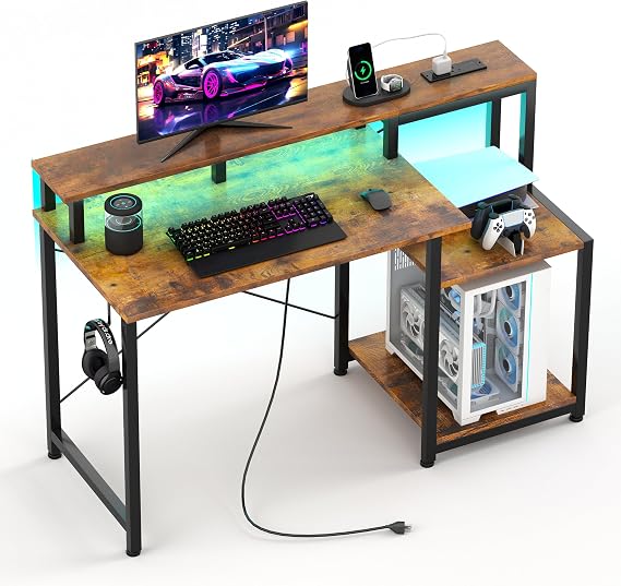 CAIYUH Gaming Desk with LED Lights & Power Outlets 120x50cm, Brown