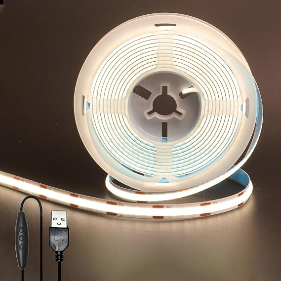 5V COB LED Strip Light, Dimmable, 5M Natural White 4000K, 8mm Width, 320 LEDs/M, 8W/M, High Density CRI90, Strong Light, Double-sided Tape Deformable, Cuttable, Non-waterproof IP20, Power