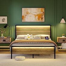 Bonnlo 5ft King Size Bed Frame with Wood Headboard, LED Kingsize Bed Frames with Charging Station/LED Lights/Under Bed Storage, Sturdy Metal Slats Support, No Mattress, 150x200cm, Washed Gray