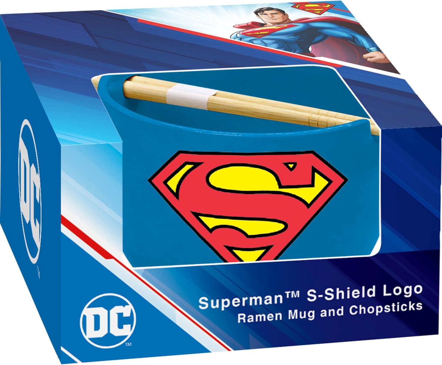 ICUP Superman Emblem Ramen Mug w/Chopsticks, Blue