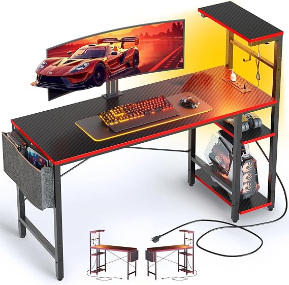 Bestier 113CM Corner Computer Desk with Power Outlets Computer Desk with LED Lights Reversible Writing Table with Side Pocket Storage Bag & Accessories Hanger for Home Office Small Space