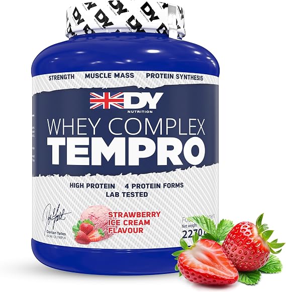 DY Nutrition Whey Complex Tempro | x4 Protein Forms | Whey, Casein, Isolate & Egg Albumin, 23g Premium Protein Powder with Digestive Enzymes for Optimal Absorption, 2.27kg | Strawberry Flavour
