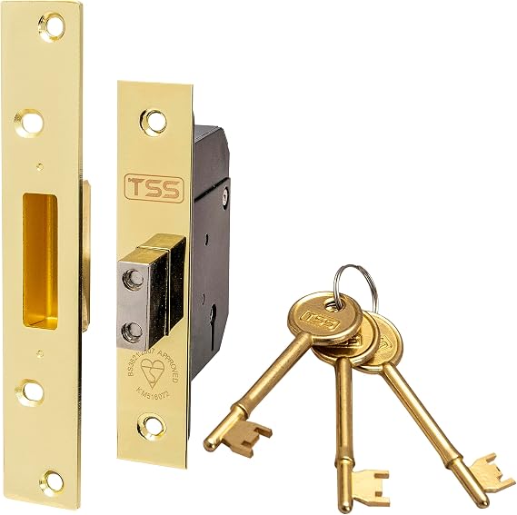 TSS High Security 5 Lever British Standard Mortice Deadlock with 3 Keys and Fixings, 2.5" (68mm) Polished Brass, Insurance Approved for External Doors, British Standard BS3621:2007