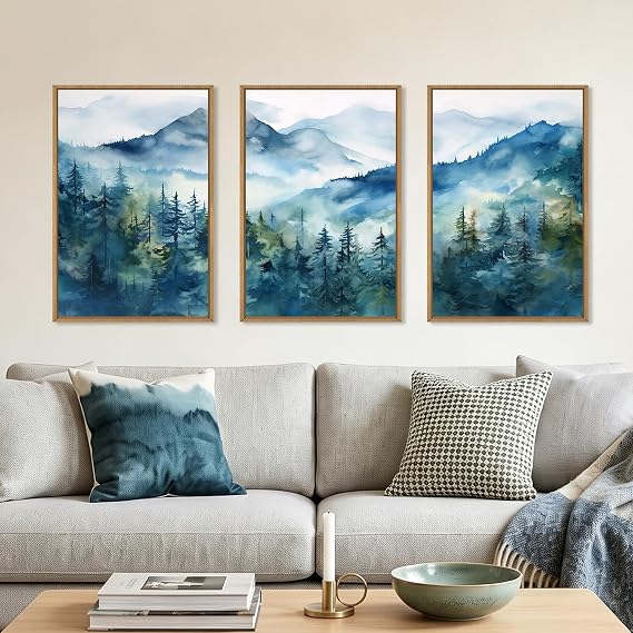 Blue Ridge Mountain Forest Framed Canvas Wall Art Set-24"x36"x3