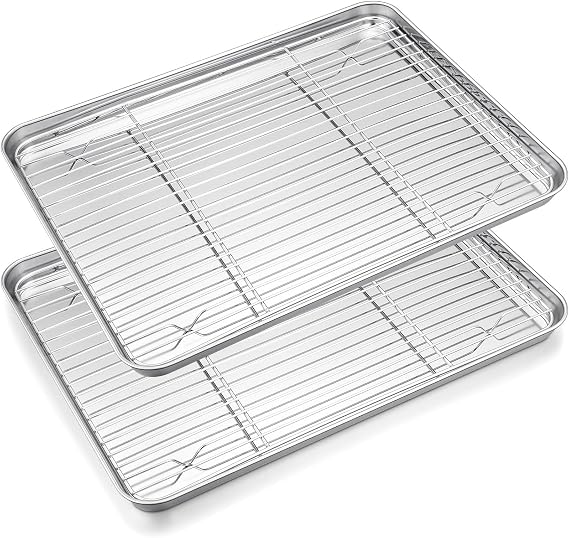 HaWare Baking Tray with Rack Set, 40 x 30 x 2.5cm Stainless Steel Large Oven Cookie Sheet Pan with Cooling Rack for Roasting/Cooking/Drying, Mirror Finish & Dishwasher Safe - 4 Pack (2 Trays+2 Racks)