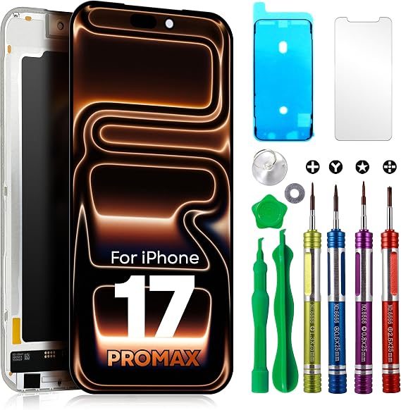 Soft OLED スクリーン 交換用 iPhone 17 Pro Max A3257/A3525/A3527/A3526、タッチ付き6.9インチディスプレイ、デジタイザー、フレーム、修理キット、強化ガラス&接着剤付属