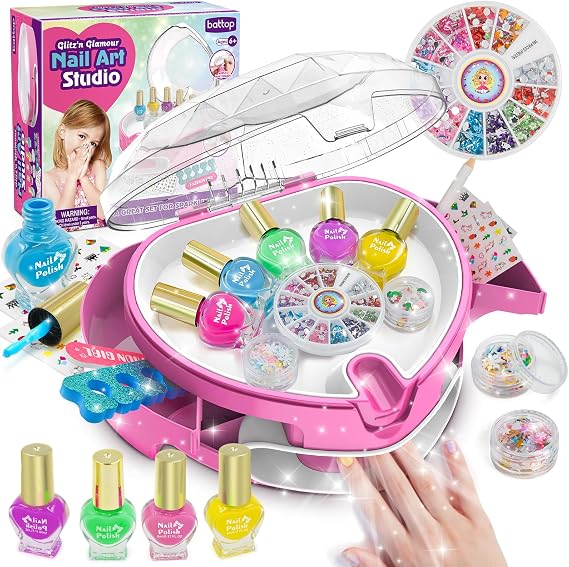 Battop キッズ ネイルポリッシュセット 女の子用 キッズ用ネイルアートキット オールインワンオーガナイザー ネイルドライヤー、ポリッシュ、ステッカー、宝石、ファイラー付き - 女の子へのアイデアギフト 6 7 8 9 10 11 12 - ドレスアップおもちゃ