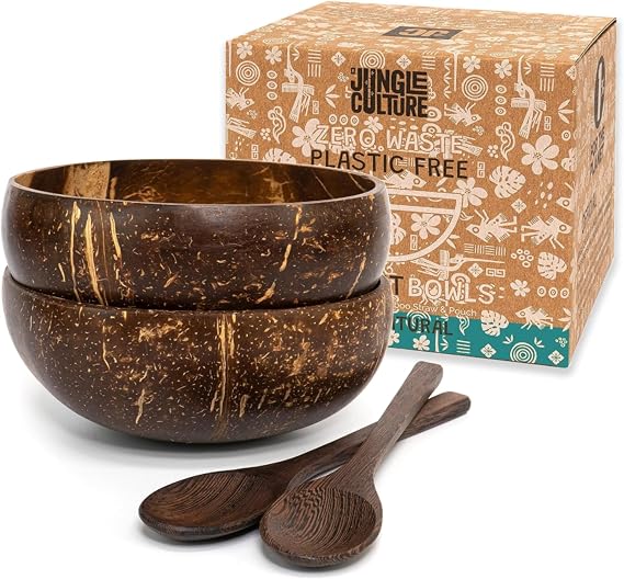 Jungle Culture® 2 Coconut Bowls and Spoons with Bamboo Straws • Eco Friendly Wooden Serving Bowl Set Polished with Organic Oil for Pasta Cereal Açai Salad Smoothies • Vegan Gift