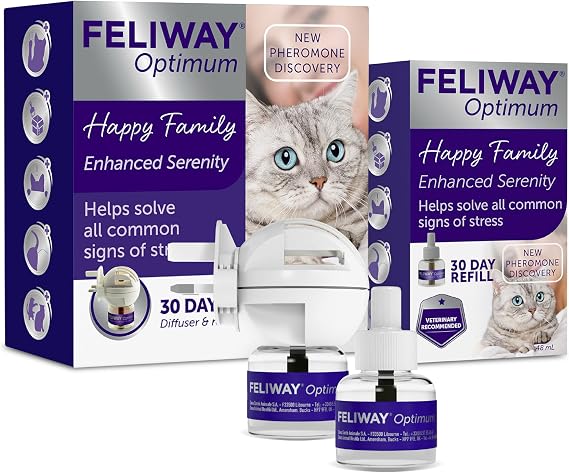 FELIWAY Optimum 30 Day Cat Calming Odourless Plug In Pheromone Diffuser Starter Kit + Extra Refill - Helps Solve Signs of Stress in Cats & Kittens, Veterinary Recommended, Drug-Free, Clinically Proven