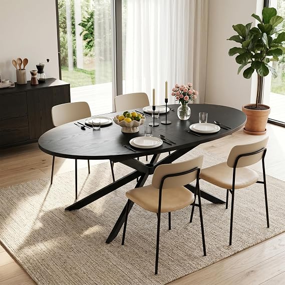 Extendable Oval Dining Table 146-196cm, X-Shaped Metal Legs, Black