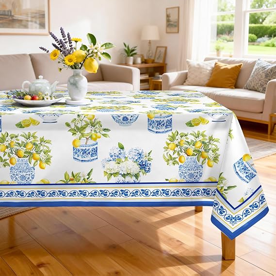 Summer Lemon Tablecloth Waterproof, Floral Table Cloth Rectangle Stain Resistant, Washable Table Cover for Home Kitchen Dining Party Decoration (140x180cm)
