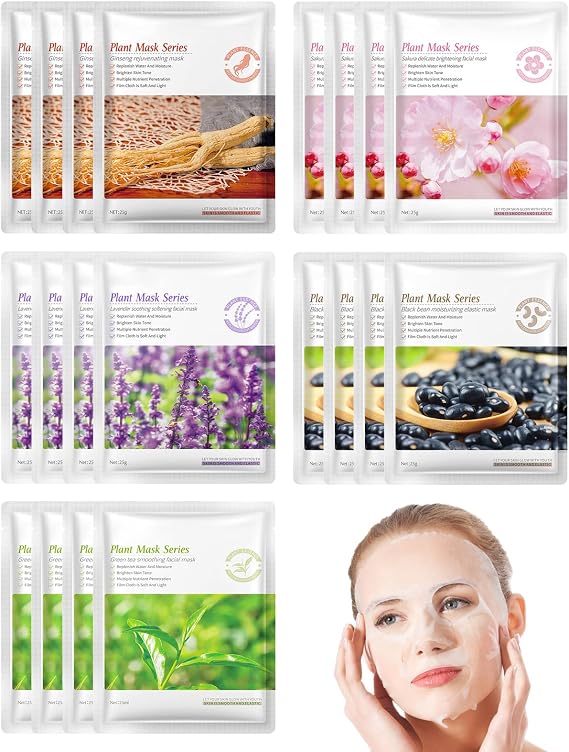 20-Pack Face Masks Sheet Set: Hydrating, Moisturising & Soothing, Daily Care Facial Mask Multipack for All Skin Types, Moisturise