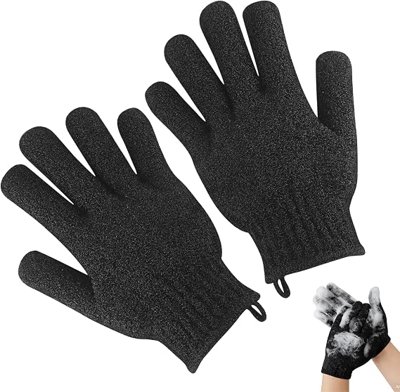 1 Pair Exfoliating Gloves - Bamboo Shower Gloves - Bath and Body Exfoliator Mitts - Scrubs Away Ingrown Hair and Dead Skin - for Shower, Spa, Massage and Dead Skin Cell Remover - Black
