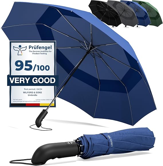 Folding Umbrella with Waterproof Teflon - Automatic Open and Close with 9 Ribs Windproof up to 140 km/h - Sturdy Small Lightweight Heavy Duty for Adults, Men and Women, Blue