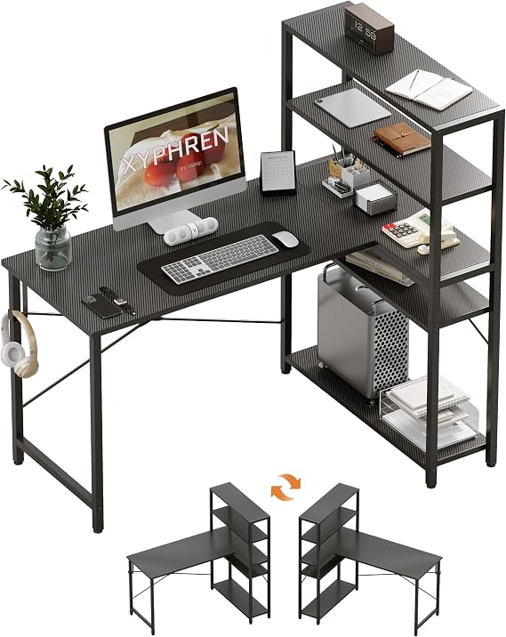 100 * 80cm Computer Desk with Bookshelf, Corner Desk with Conversible Shelves, L Shaped Desk, Home Office Desks, Writing Study Desk for Bedroom, Black