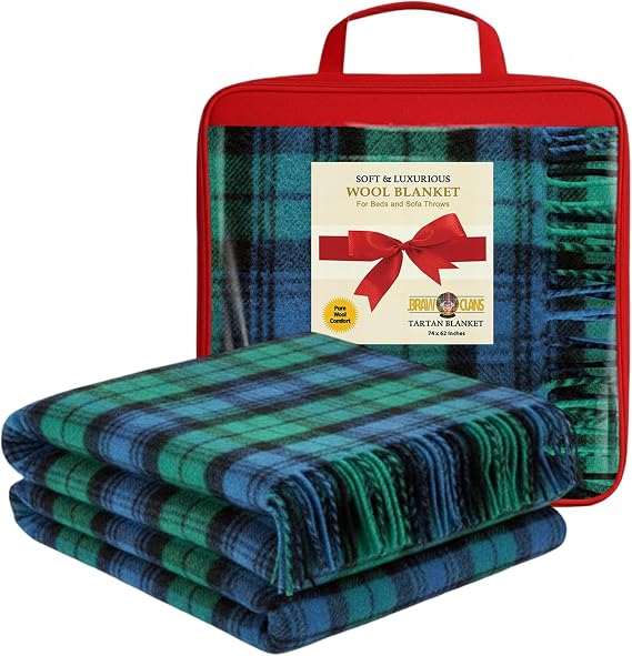 Luxurious Wool Tartan Blankets for beds, Sofa throws - Campbell Ancient Tartan - warm large size 74x62 Inches, Fringed edges - Scottish plaid check Soft Cozy Rug - Mothers day, Wedding gifts