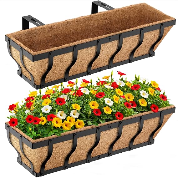 VOXOR Railing Planter Boxes, Adjustable Flower Boxes for Railings, Heavy Duty Window Flower Boxes with Coco Liner & Removable Support Rod for Deck, Porch, Fence, Patio Gardening (2 Pack, 24 Inch)