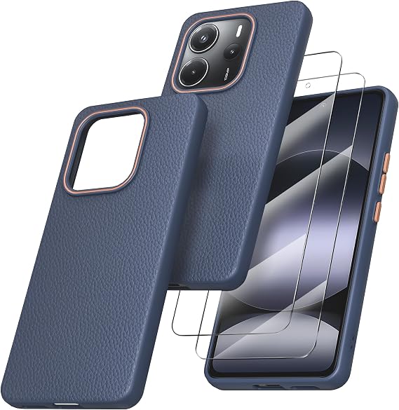 Compatible with Xiaomi Redmi Note 14 4G Case, Textured Back Slim Phone Case with 2 Tempered Glass Screen Shockproof Drop Protection Anti-Scratch Non Slip Cover, Blue