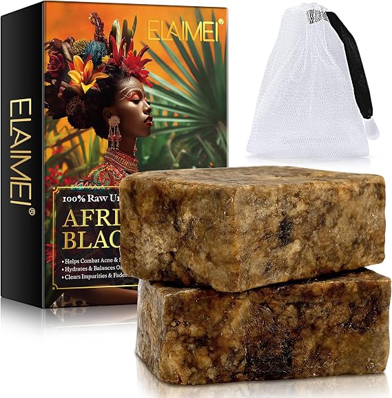 100g Raw African Black Soap Face Body Wash, with Shea Butter -Raw Unrifined, 100% Handmade - Hydrates & Balance Oily Skin, Clear Impurities, Fades Dark Spots - Vitamin E, Sodium - 2pc
