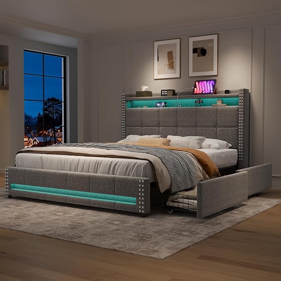 4ft6 Double Bed Frame with 4 Drawers and LED Storage Headboard, Functional Upholstered Platform Bed with LED Lighting and Charging Station, Linen Storage Bed with Wooden Slats, No Mattress, Grey