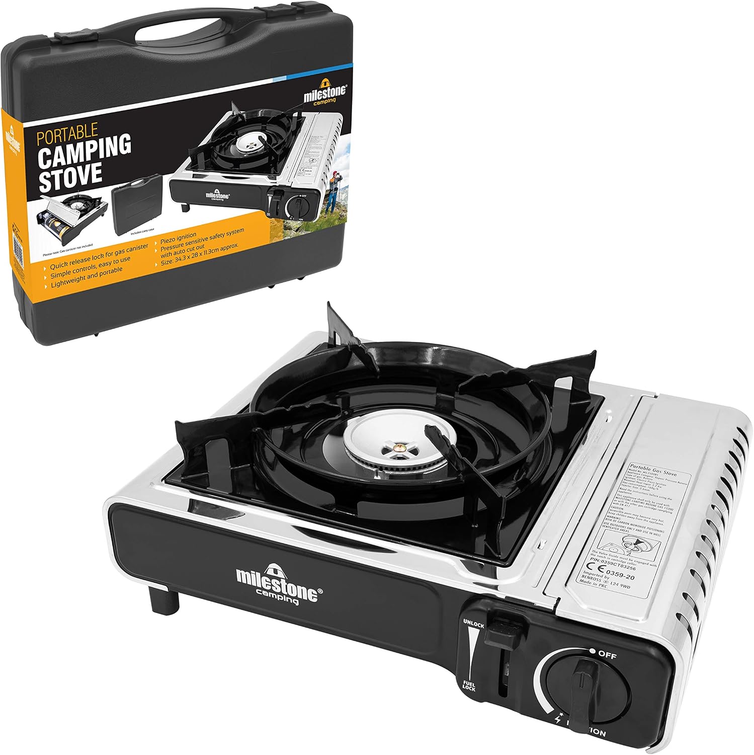 Milestone Camping 18949 Portable Gas Camping Stove with Carry CaseGas PoweredLightweight & PortableCampingFestivalsFishing Trips, Grey