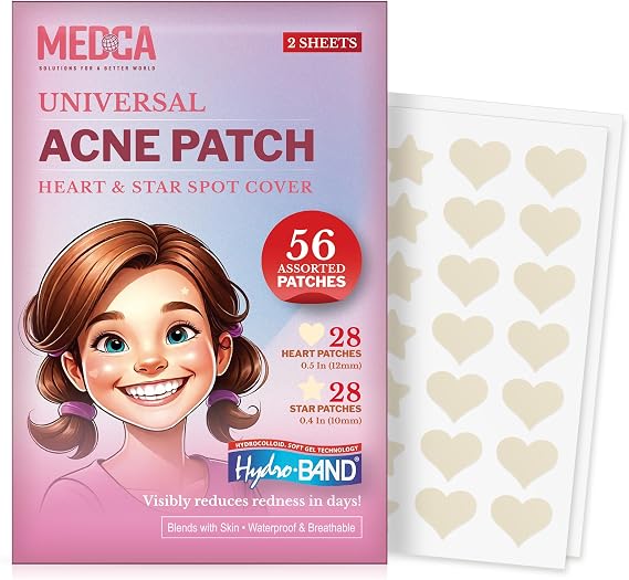 Acne Patch - (Pack of 56) Pimple Spot Treatment Hydrocolloid Bandages Absorbing Zit Cover Dots, Heart And Star Shapes by MEDca