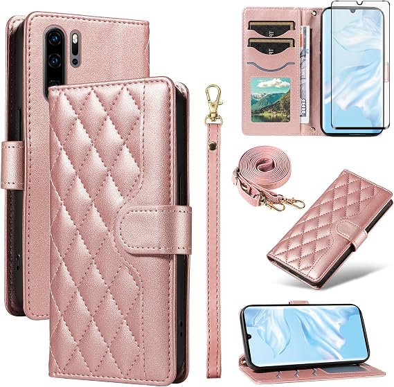 Asuwish Phone Case for Huawei P30 Pro Wallet Cover with Tempered Glass Screen Protector and Wrist Strap Lanyard Card Holder Slot Stand Flip Cell Accessories Hawaii P30Pro P 30 Pro30 Women Men RoseGold