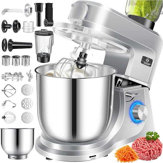 KESSER Food Processor 3-in-1 with Meat Grinder & Mixer 1500 W Kneading Machine 5.5 L Mixing Bowl + Splash Guard 6 Speeds Dough Hook Whisk Mixing Hook & Rasps Baking & Cooking Silver