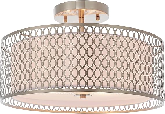National Lighting Alva E27 Flush Ceiling Light in Satin Nickel – Modern Metal Fretwork Semi Flush Light with Fabric Drum Shade – LED Compatible Indoor Lighting for Hallway, Bedroom, Living Room