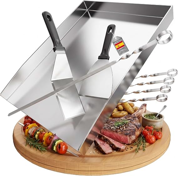 Stainless Steel Griddle – Thick and Antioxidant, Includes 2 Spatulas and 5 Skewers – For Most Gas and Charcoal Grills (40 x 30 x 4 cm)