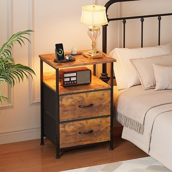 Bedside Table with Charging Station, Smart Beside Cabinet, Nightstand with 2 Fabric Drawers & LED Light, Small Side Table with Open Storage Shelf, End Table for Living Room, Bedroom, Brown
