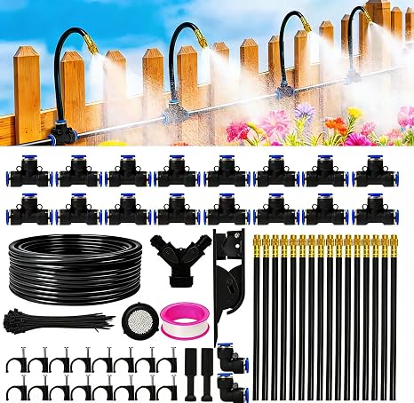 100FT Drip Irrigation System Kit, 5/16" High-Flow Garden Watering System with 16 Bendable Copper Nozzles- Automatic Drip Irrigation Kits for Plants, Greenhouse, Yard, Lawn
