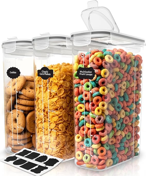 KICHLY Cereal & Dry Food Storage Container (Set of 3) – BPA Free Plastic – Airtight Kitchen Storage Containers – Cereal Dispenser for Kitchen & Pantry