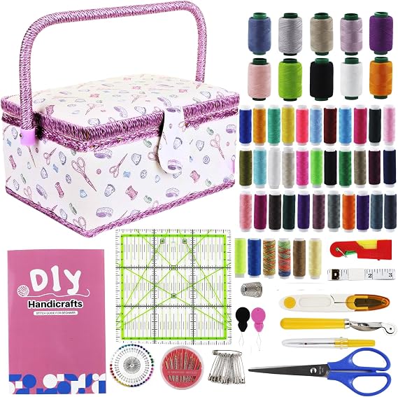 SusggO 140 Pieces Sewing Box Large Complete Basic Guide Stitches Sewing Box Wood Lined Fabric Accessories Sewing Kit for Adults Sewing Rulers Patchwork (Pink)