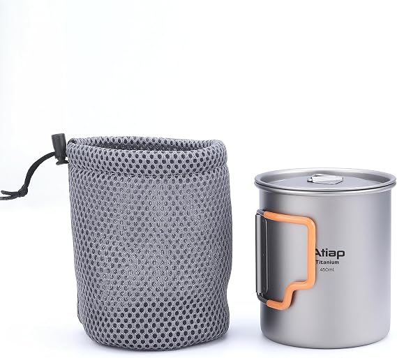 Titanium Cup Portable Cup Ultralight Coffee Mug Water Cup with Lid and Plastic Foldable Handle Portable Lightweight for Outdoor Camping Hiking Backpacking (450ml)