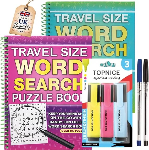 Word Search Books For Adults [2026] With Highlighters and Pens - 2 UPDATED Travel Size A5 Spiral Bound Puzzle Book 3 Highlighters, 2 Pens -Travel Games for Adults and Seniors -Packaging May Vary