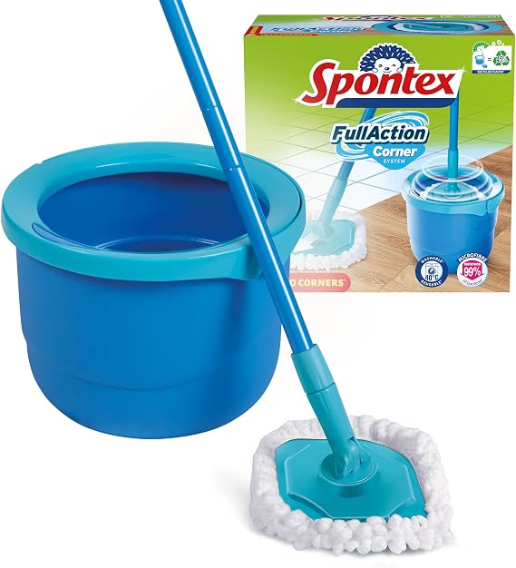 Spontex Full Action Corner System Spin Mop and Bucket Set | Reaches Tight Corners | Easy 360° Wringing & Rinsing System | Cleans Laminate, Wood & Tile Flooring | 1 Microfibre Mop Head