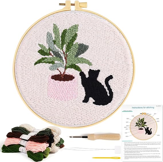 KESTAR Punch Needle Embroidery Starter Kits, Black Cat Flower Punch Needle Kits for Adults Beginner, Embroidery Kit Tool with Instruction Threader Fabric Yarns and Hoop