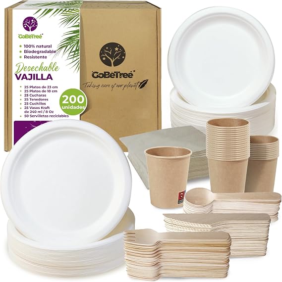 GoBeTree Tableware 200 Pieces 25 People, Disposable Plates Cups and Cutlery