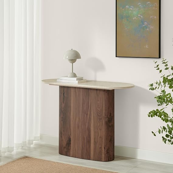 Furniturebox UK Side Table, Penrose Walnut Wood & Cream Marble Effect Rounded Console Table With Pedestal Leg, Melamine Veneer, Slatted Wooden Pillar, Modern Living Room Hallway Furniture