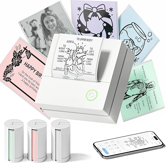 Sticker Printer, PM290 Mini Printer, Bluetooth Sticker Maker Machine with 3 Pack Rolls Paper, Smart AI APP, Mini thermal printer for Study Notes, DIY Gifts for School Office Home, White