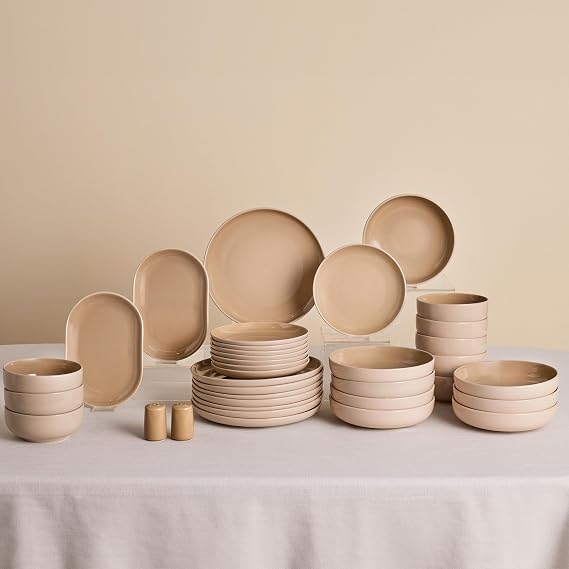 Karaca Terra 36-Piece Stoneware Dinner Set for 8 People, Dishwasher Safe, Microwave Safe, Dinner Plate, Pasta Bowl, Side Plate, Soup Bowl, Serving Platters, Cream