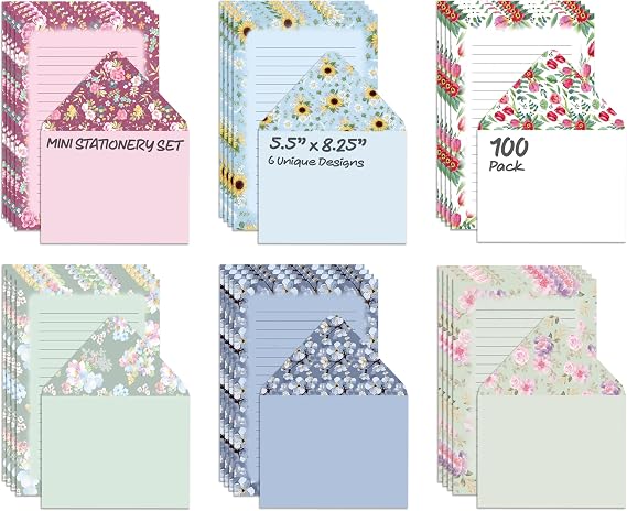 Better Office Products Mini Stationery Set - 100 Piece Set 50 Lined Floral Sheets + 50 Matching Envelopes - 5.5" x 8.25" - 6 Unique Designs - Printed on Both Sides - Double Sided Paper Backing