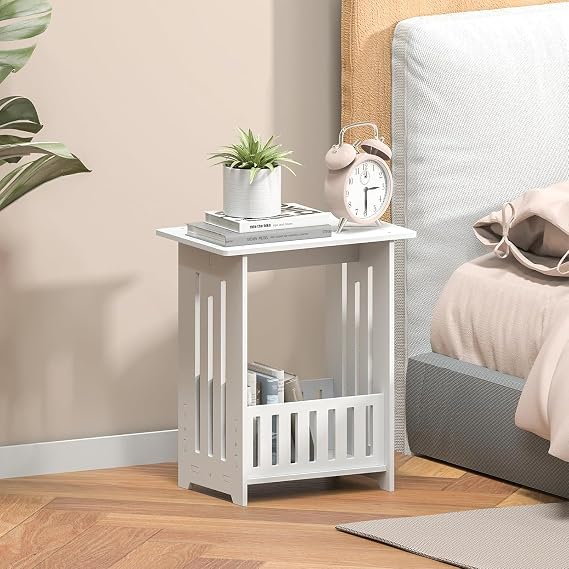 White Bedside Tables,Small Side Table with Storage Shelf Basket,Glossy End Tablesfor Small Spaces, Narrow Nightstand Wooden Sofa Side Table, Open Compartment, for Living Room, Bedroom, 22 x 34 x 40cm