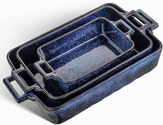 VICRAYS Ceramic Bakeware Set, Porcelain Rectangular Baking Dish, Baking Pan Lasagna Pans Casserole Dish Set for Cooking, Kitchen, Cake Dinner, Banquet and Daily Use, 3 PCS, 15 x 8.5 Inches(Blue)