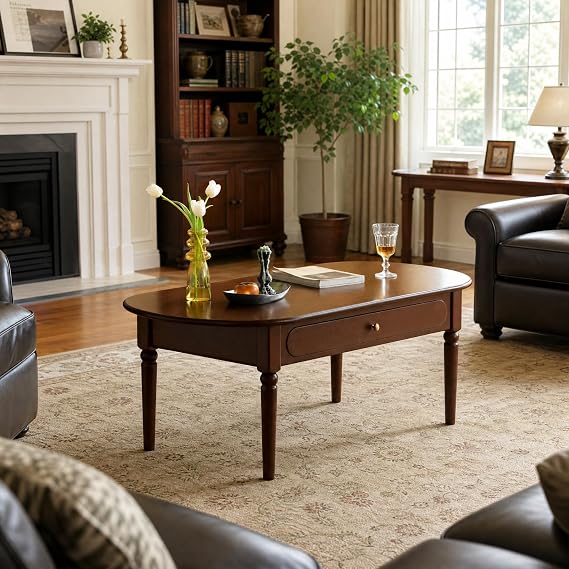 YESWOOD Solid Wood Coffee Table with Drawer, Retro Coffee Table with Vintage Detailings, Large Rectangular Living Room Table,100% Solid Wood Coffee Tables for Home Office (Poplar, Walnut Finish)